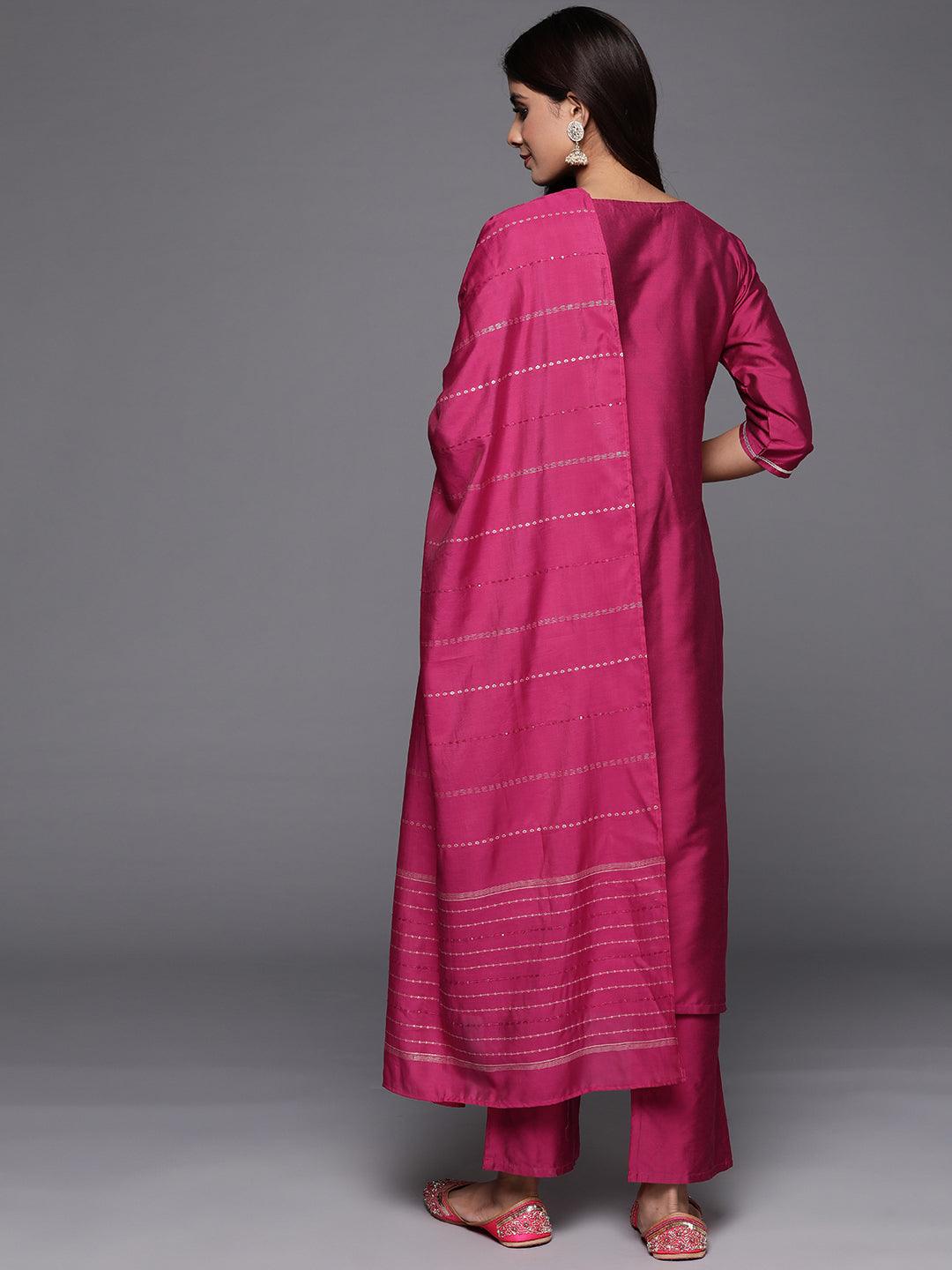 Pink Woven Design Silk Blend Straight Kurta With Trousers & Dupatta - Libas