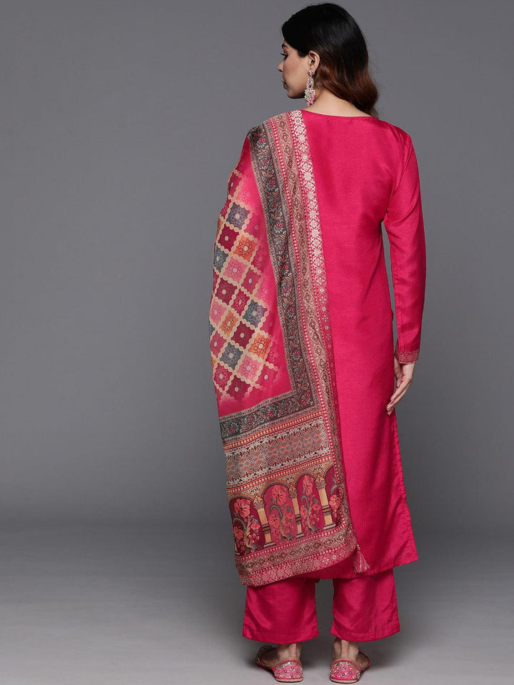 Pink Woven Design Silk Blend Straight Kurta With Trousers & Dupatta - Libas