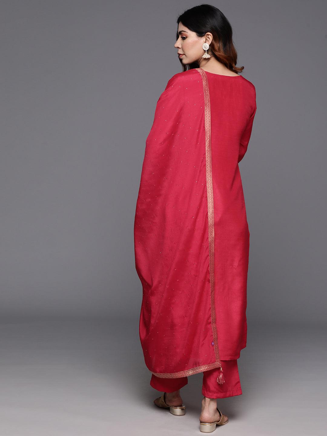 Pink Woven Design Silk Blend Straight Kurta With Trousers & Dupatta - Libas