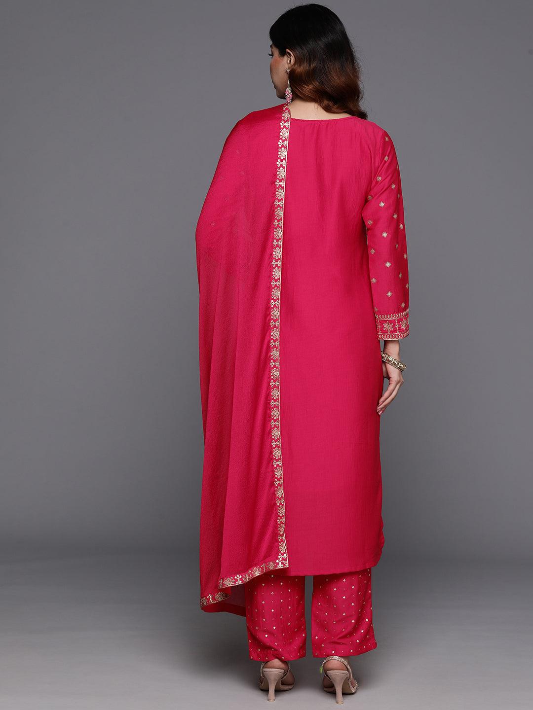 Pink Woven Design Silk Blend Straight Suit With Dupatta - Libas