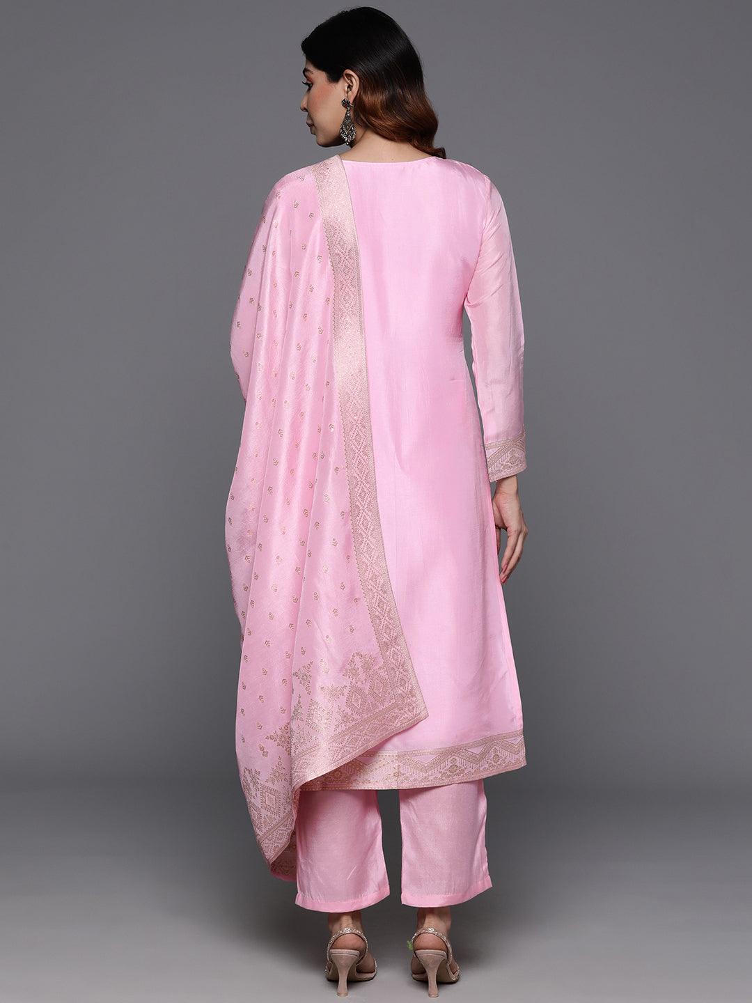 Pink Woven Design Silk Blend Straight Kurta With Trousers & Dupatta - Libas 