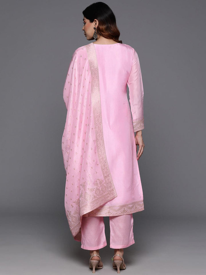 Pink Woven Design Silk Blend Straight Kurta With Trousers & Dupatta - Libas