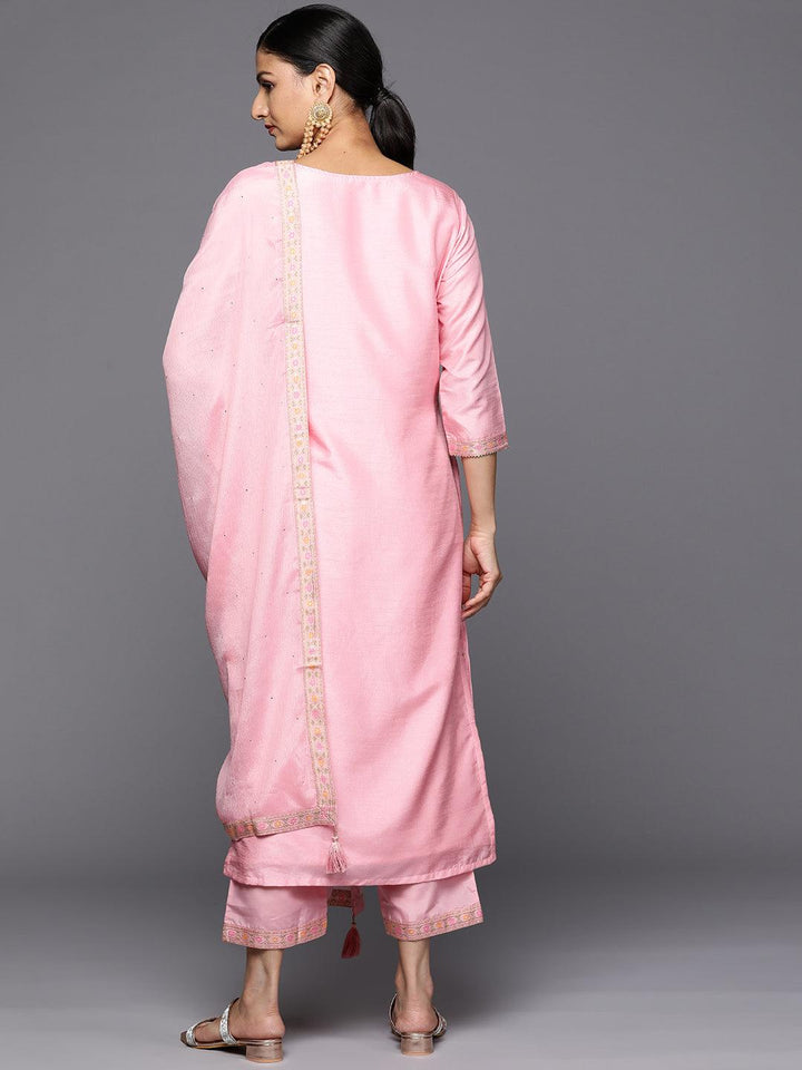 Pink Woven Design Silk Blend Straight Kurta With Trousers & Dupatta - Libas