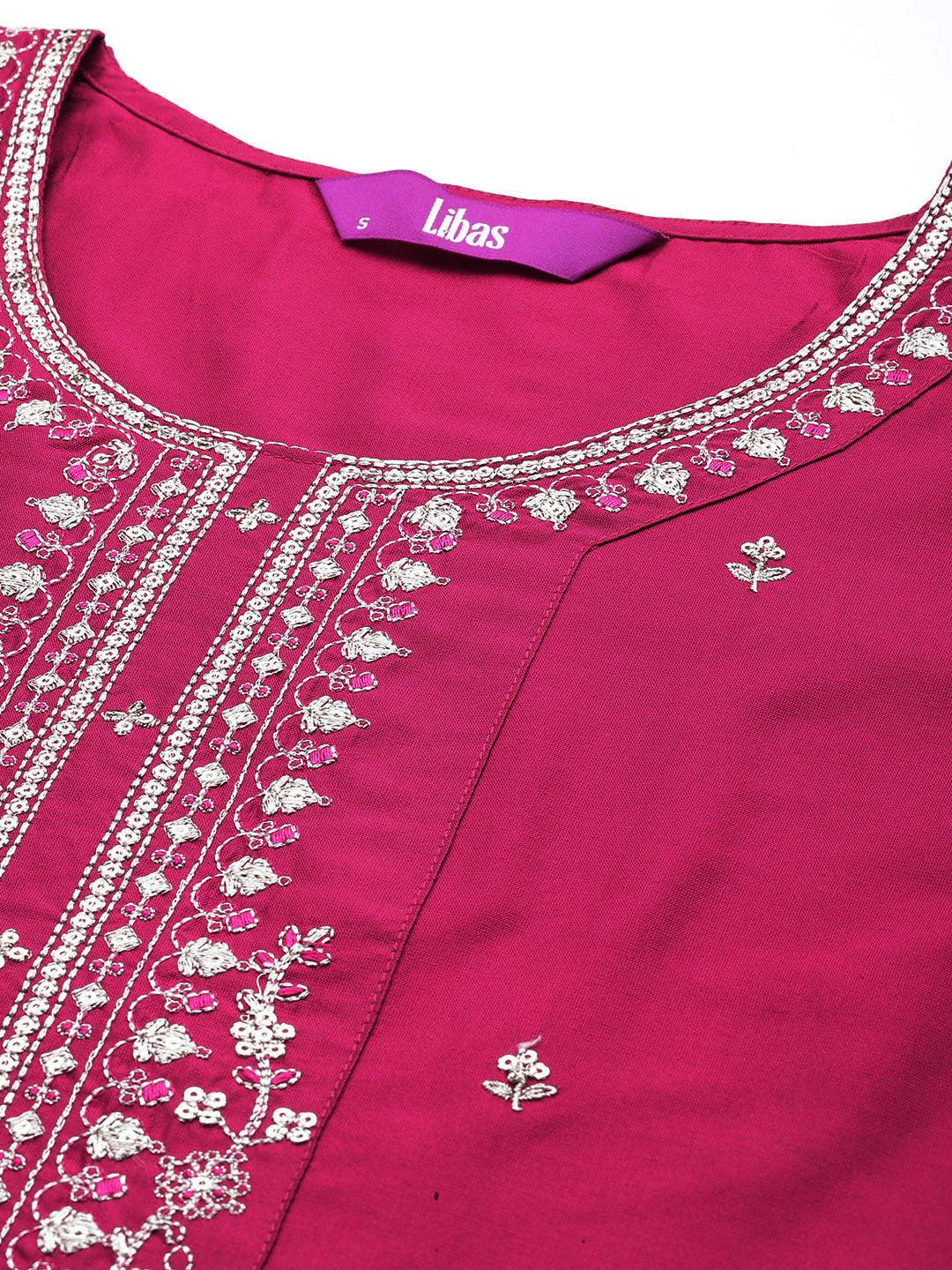 Pink Woven Design Silk Blend Straight Kurta With Trousers & Dupatta - Libas