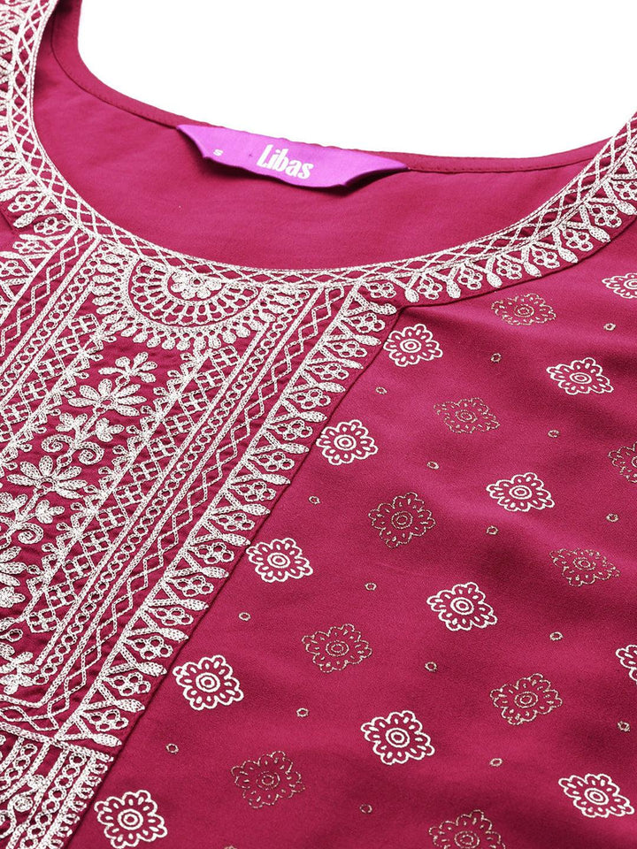 Pink Woven Design Silk Blend Straight Kurta With Trousers & Dupatta - Libas