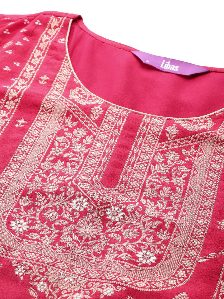 Pink Woven Design Silk Blend Straight Kurta With Trousers & Dupatta - Libas