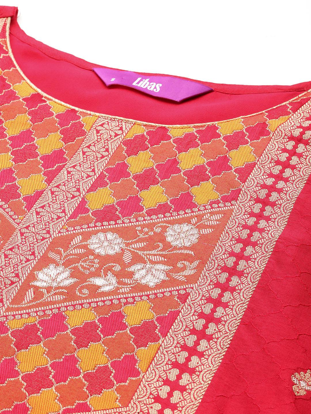 Pink Woven Design Silk Blend Straight Kurta With Trousers & Dupatta - Libas