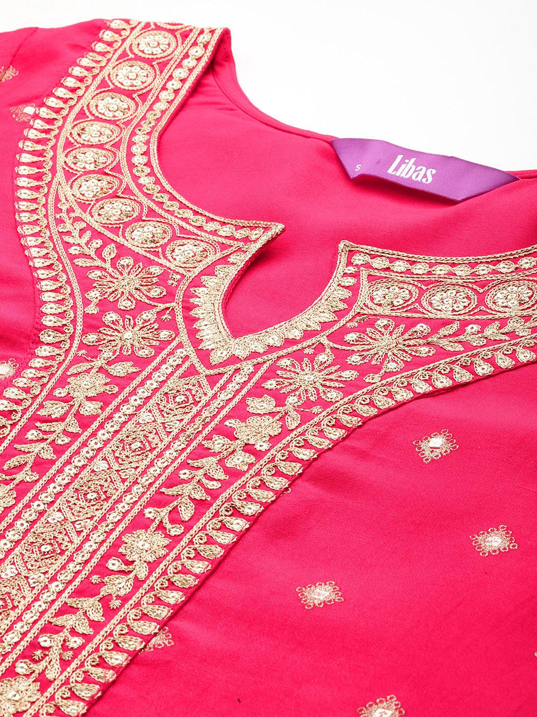 Pink Woven Design Silk Blend Straight Suit With Dupatta - Libas