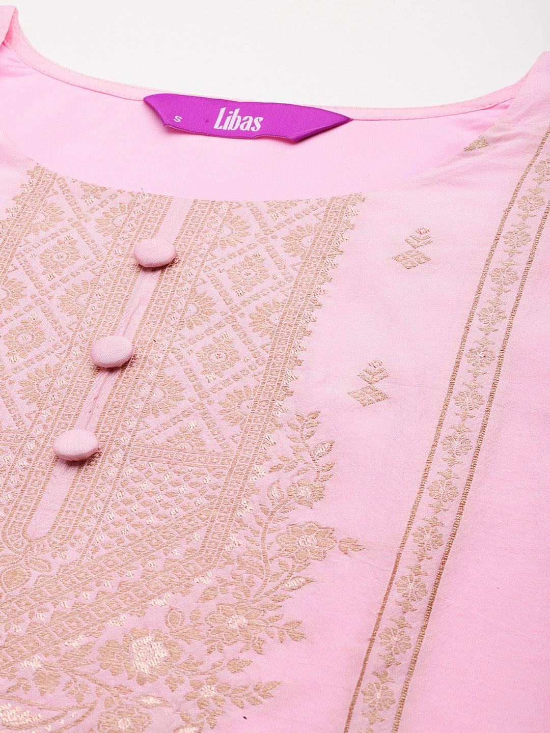 Pink Woven Design Silk Blend Straight Kurta With Trousers & Dupatta - Libas 