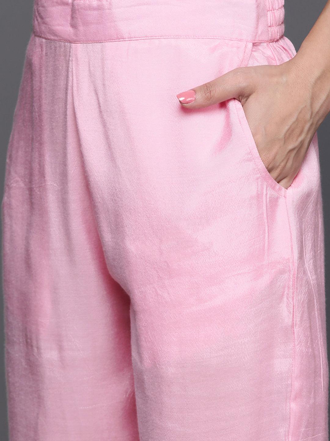 Pink Woven Design Silk Blend Straight Kurta With Trousers & Dupatta - Libas 