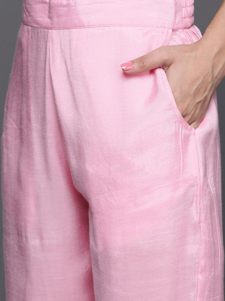 Pink Woven Design Silk Blend Straight Kurta With Trousers & Dupatta - Libas