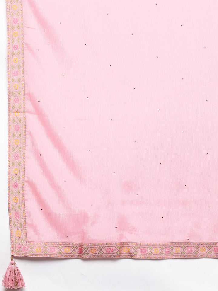 Pink Woven Design Silk Blend Straight Kurta With Trousers & Dupatta - Libas