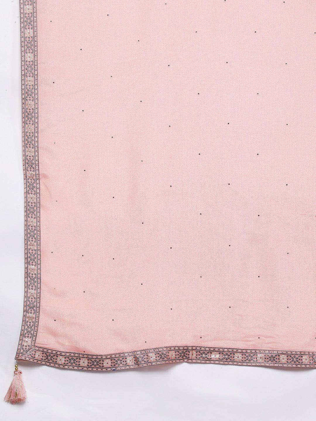 Pink Woven Design Silk Blend Straight Kurta With Trousers & Dupatta - Libas