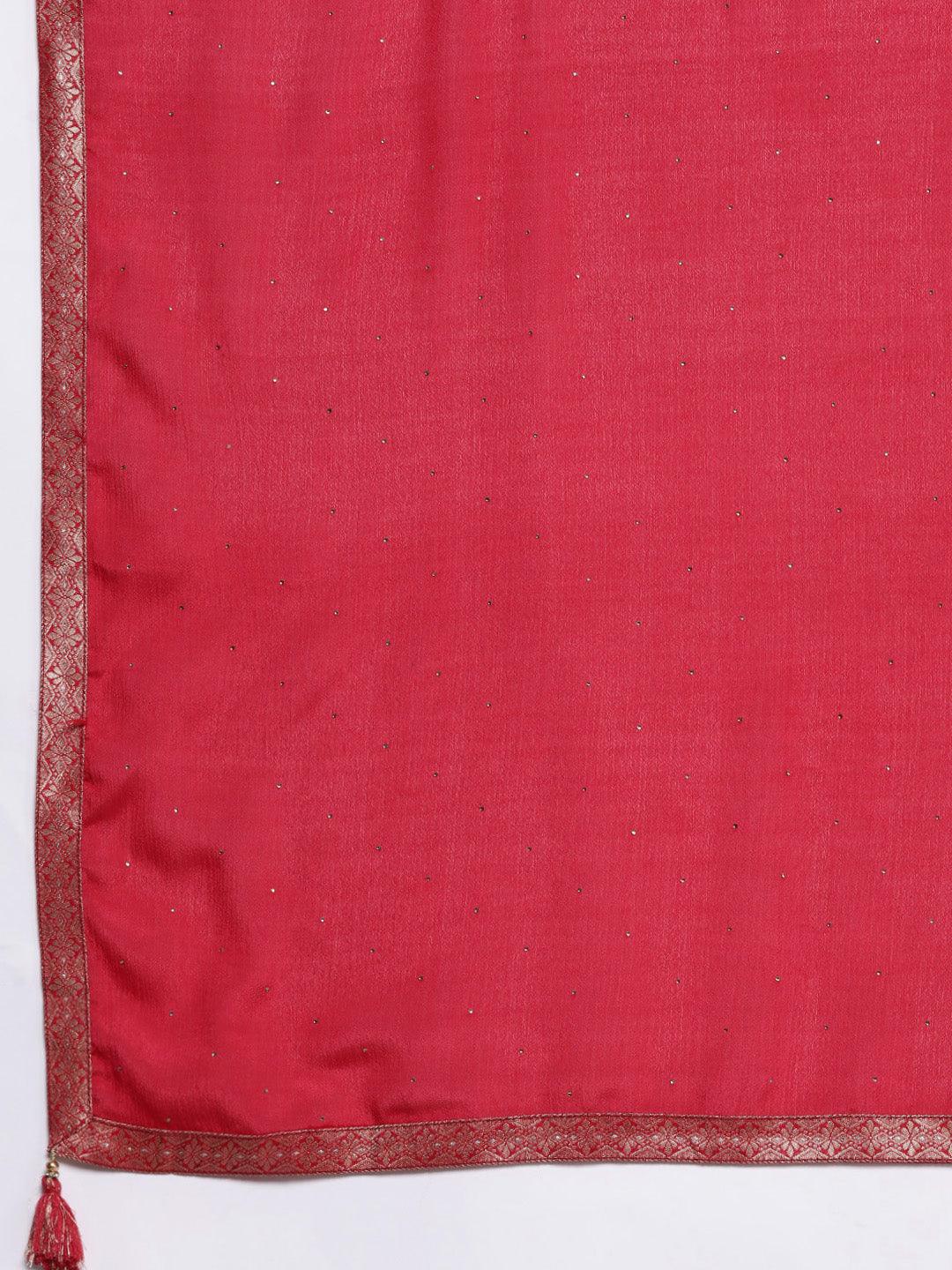 Pink Woven Design Silk Blend Straight Kurta With Trousers & Dupatta - Libas