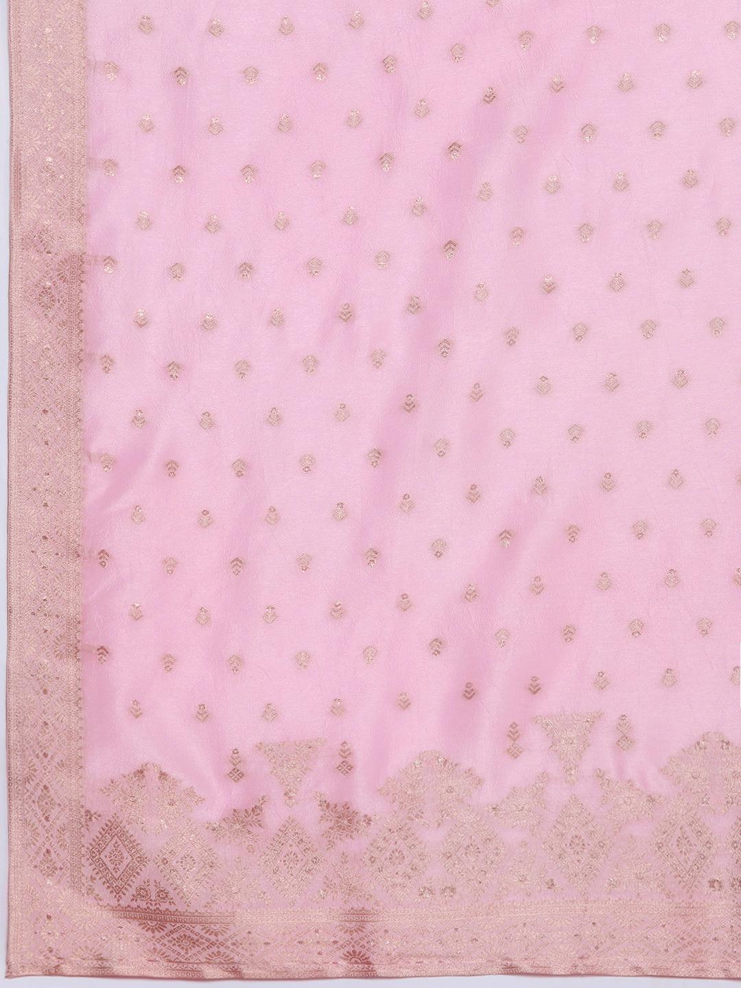 Pink Woven Design Silk Blend Straight Kurta With Trousers & Dupatta - Libas