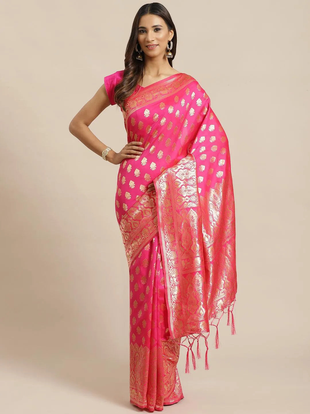 Pink Woven Design Silk Saree - Libas