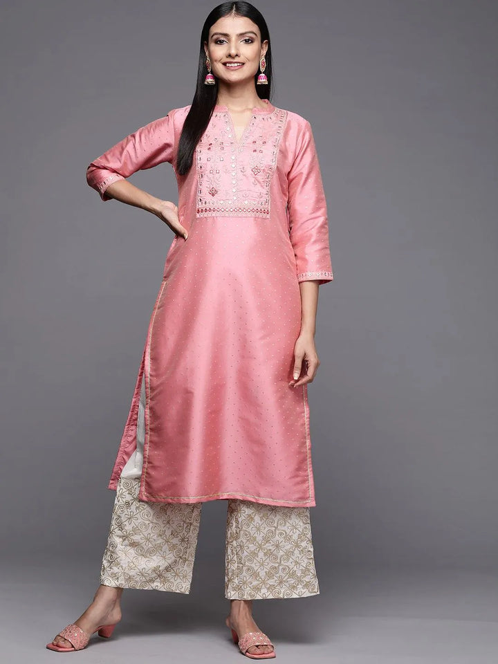 Pink Yoke Design Art Silk Straight Kurta - Libas