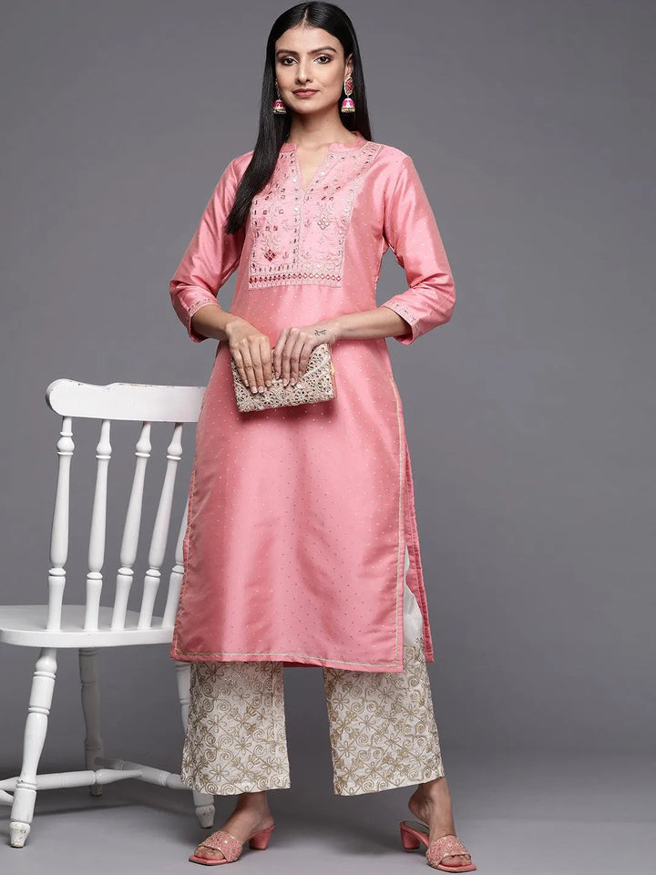 Pink Yoke Design Art Silk Straight Kurta - Libas