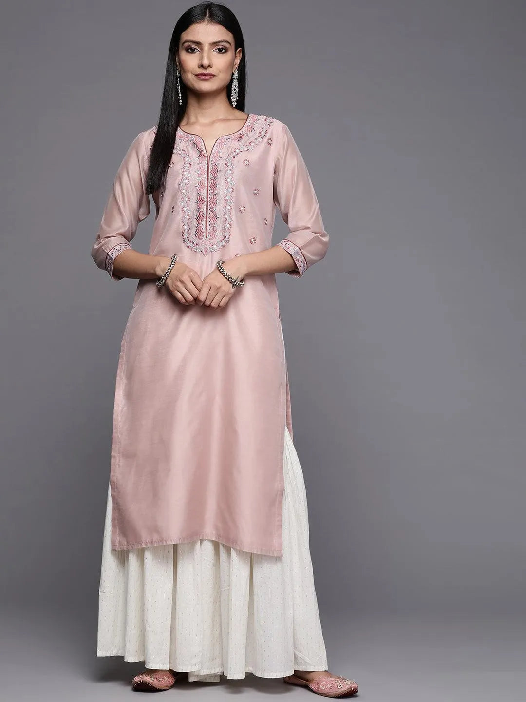 Pink Yoke Design Chanderi Cotton Straight Kurta - Libas