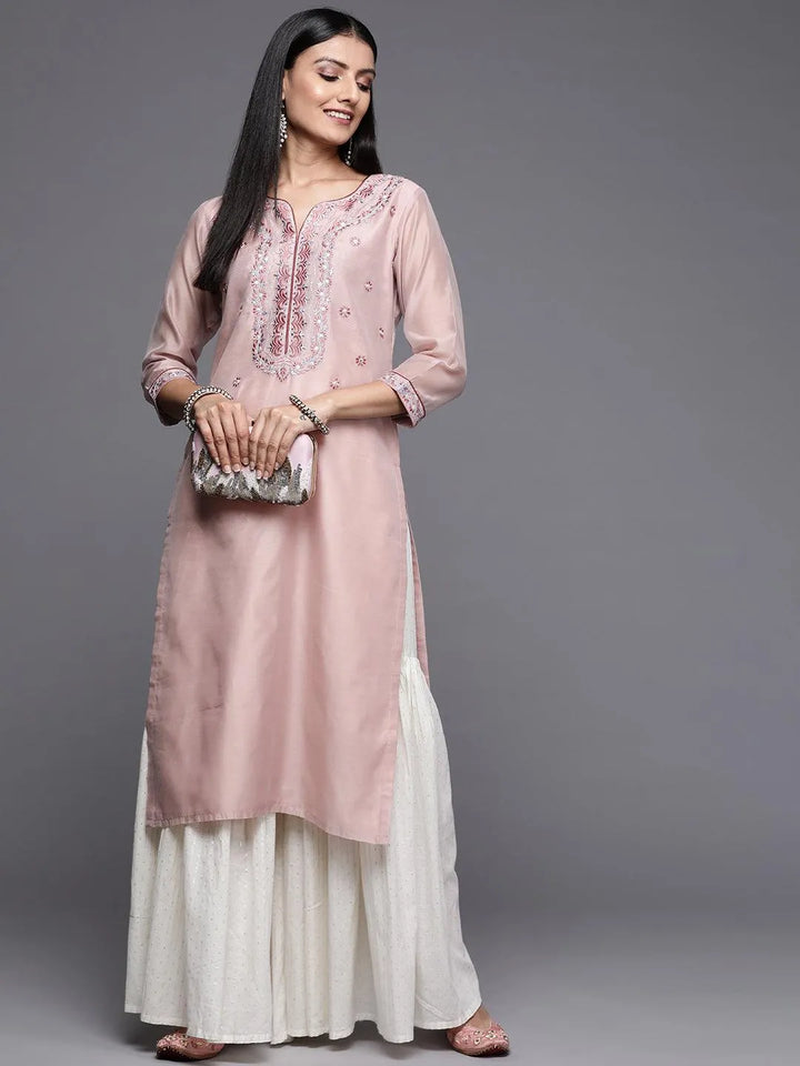 Pink Yoke Design Chanderi Cotton Straight Kurta - Libas