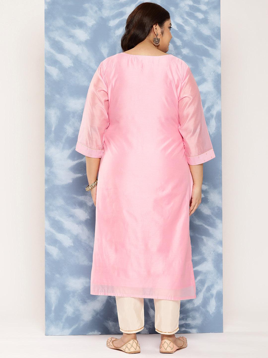 Pink Yoke Design Chanderi Silk Straight Kurta - Libas