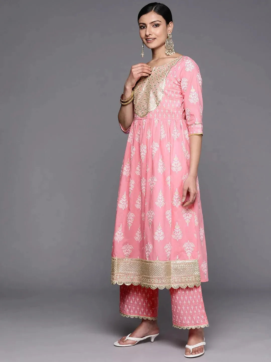 

Pink Yoke Design Cotton Anarkali Kurta With Palazzos & Dupatta