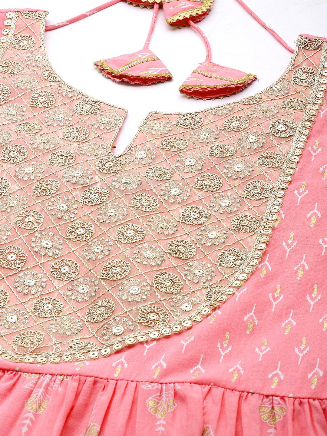 Buy Pink Yoke Design Cotton Anarkali Kurta With Palazzos & Dupatta ...