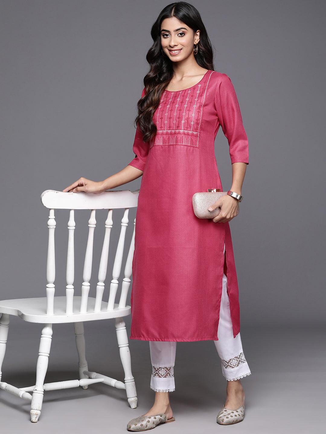 Pink Yoke Design Cotton Straight Kurta - Libas