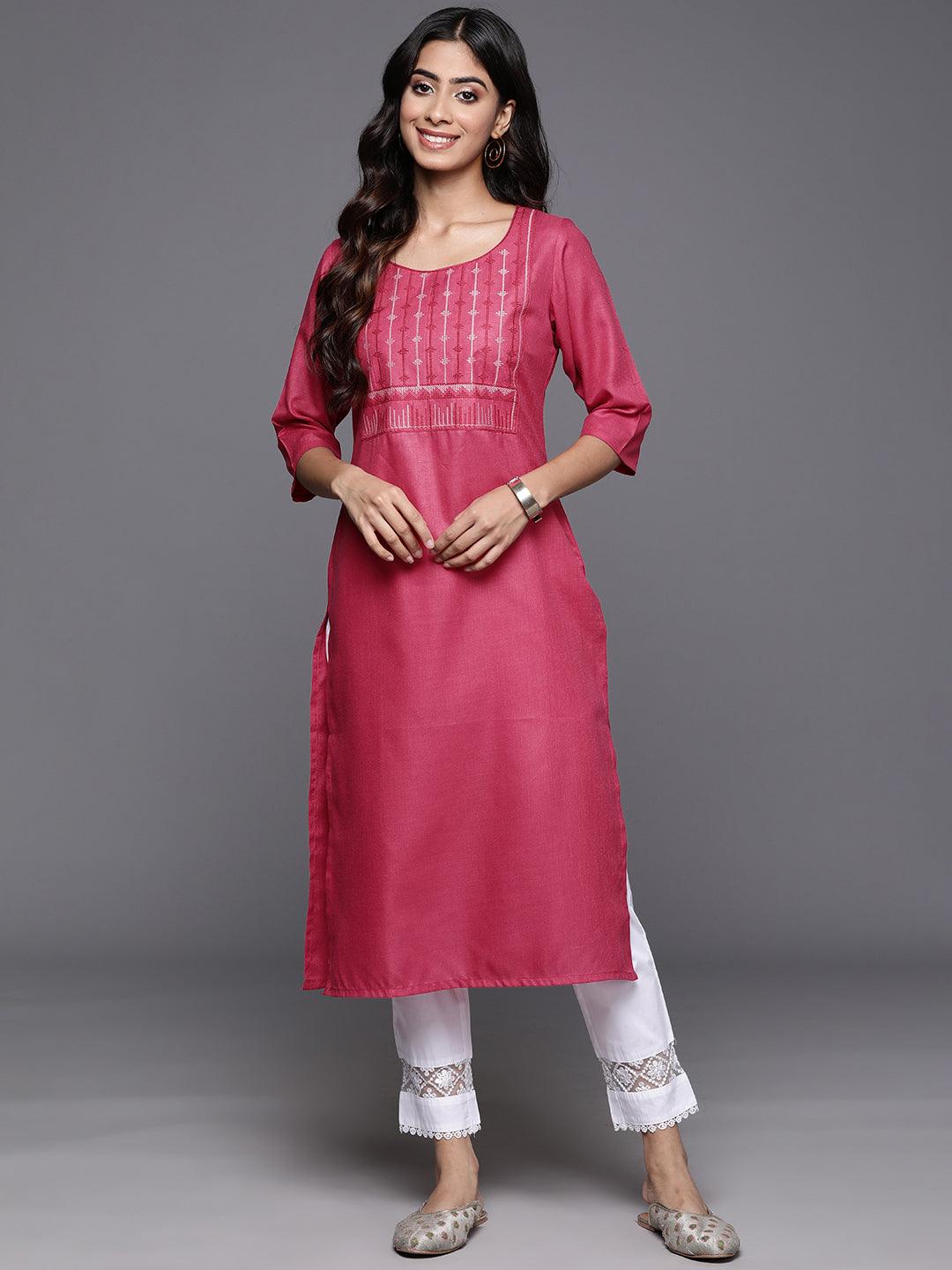 Pink Yoke Design Cotton Straight Kurta - Libas