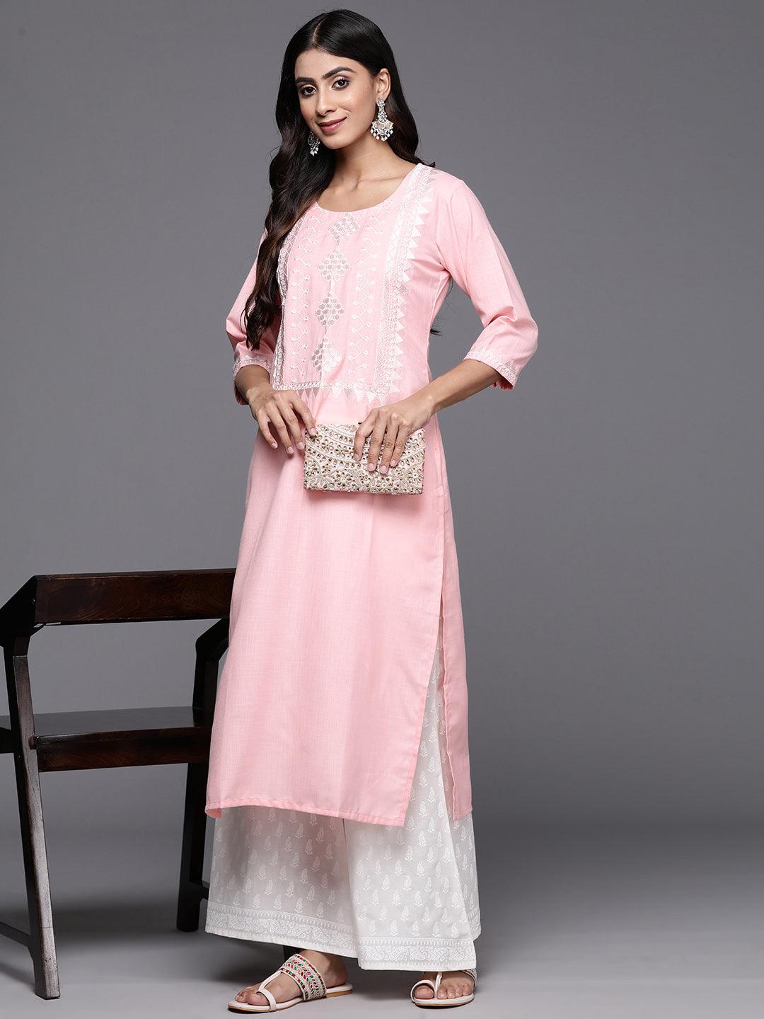 Pink Yoke Design Cotton Straight Kurta - Libas