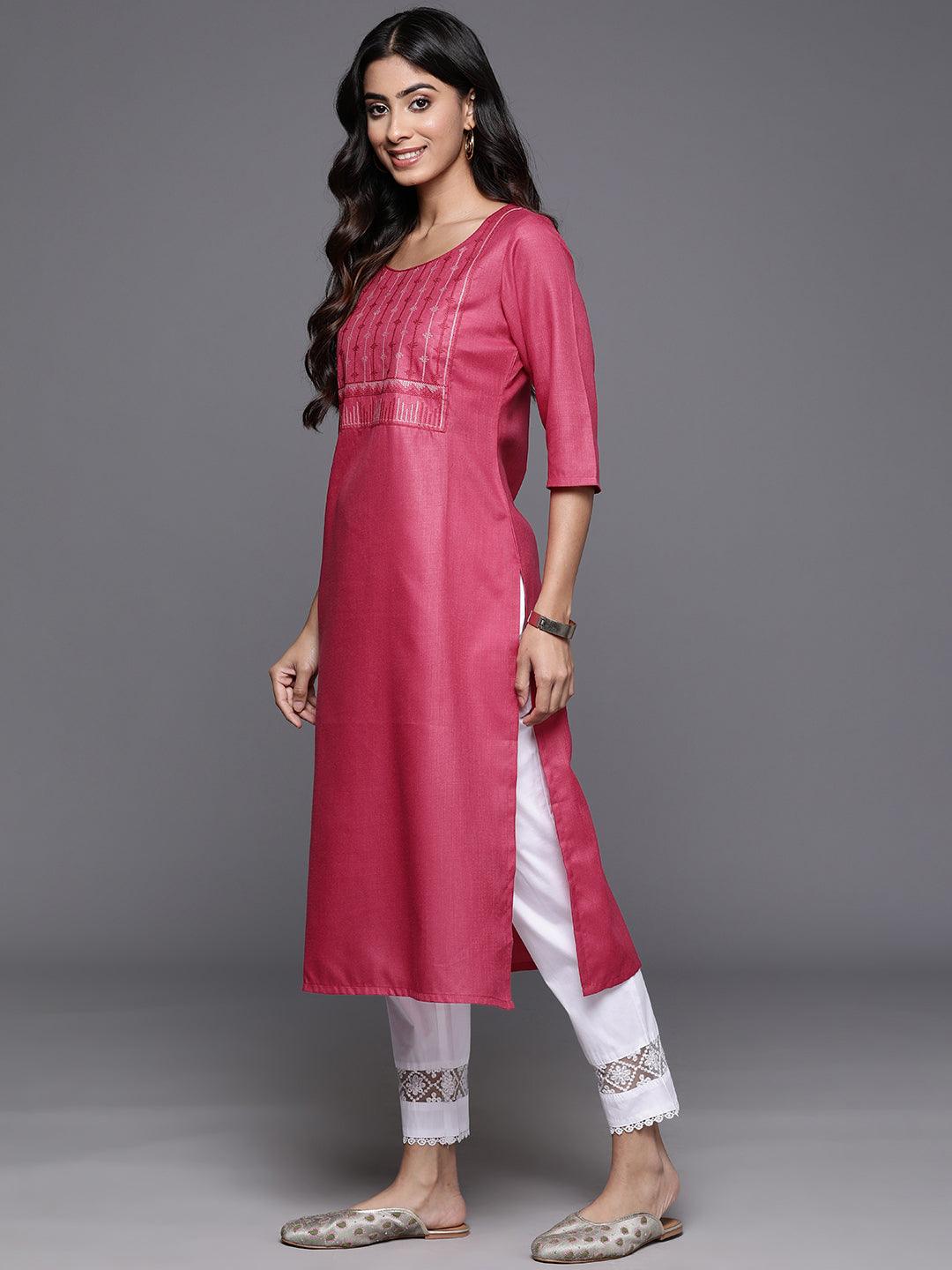 Pink Yoke Design Cotton Straight Kurta - Libas