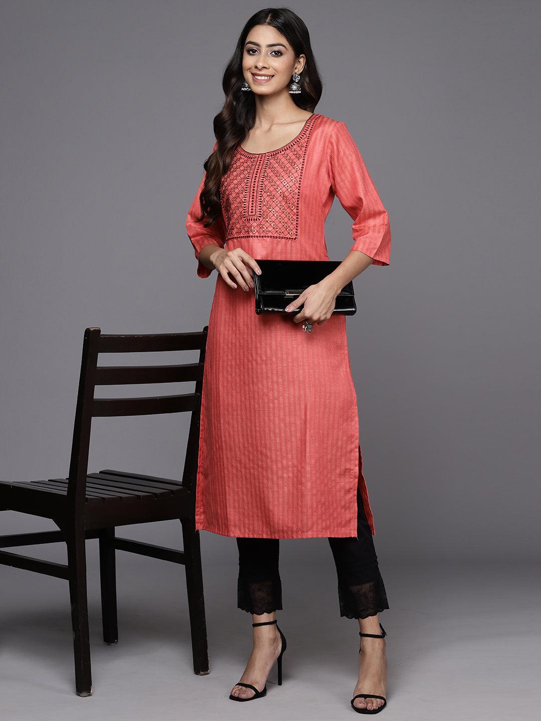 Pink Yoke Design Cotton Straight Kurta - Libas