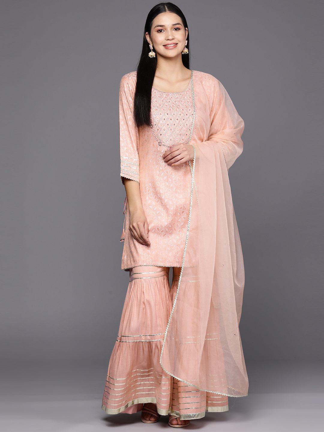 Pink Yoke Design Cotton Straight Suit Set With Sharara - Libas