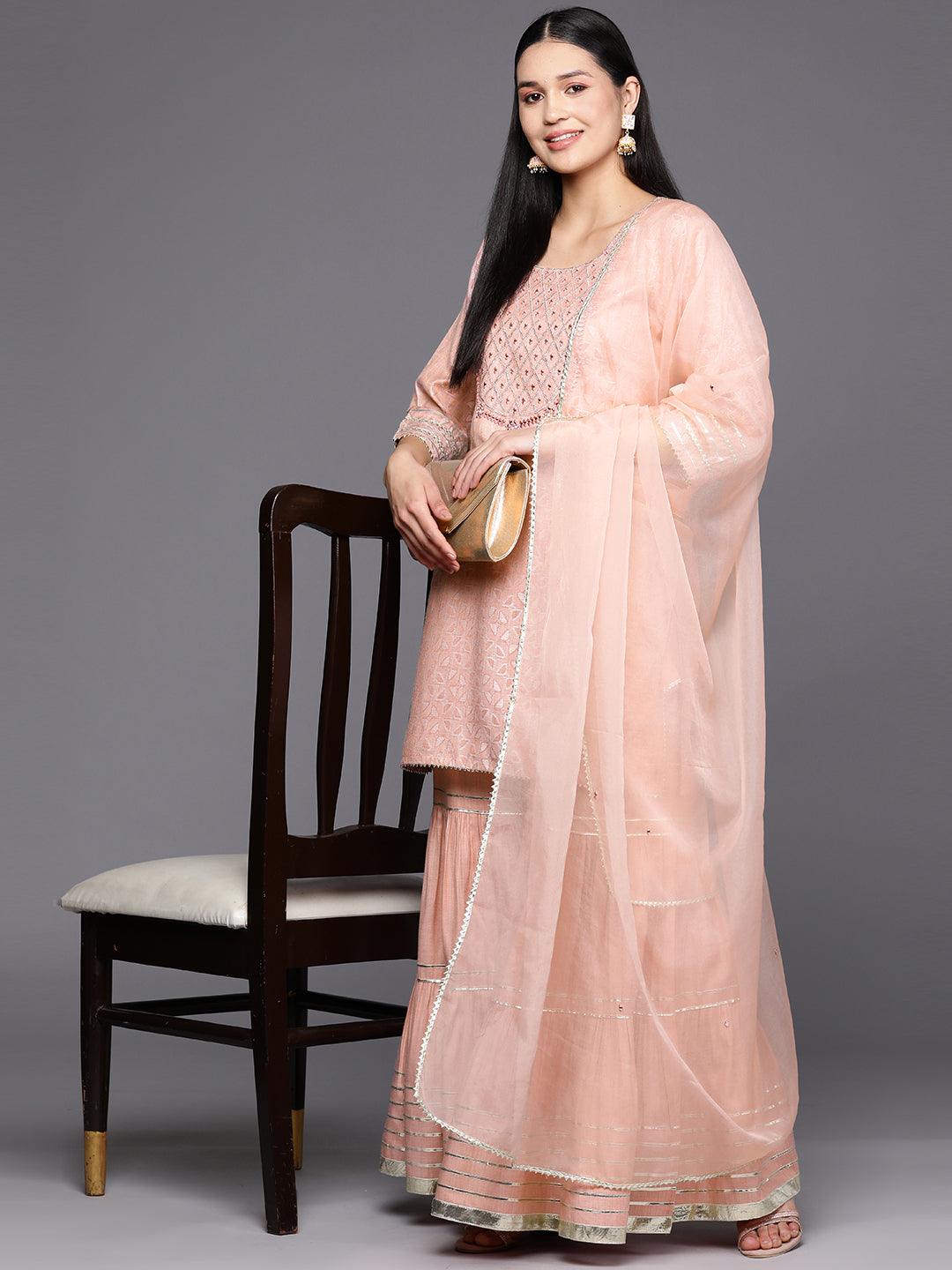 Pink Yoke Design Cotton Straight Suit Set With Sharara - Libas