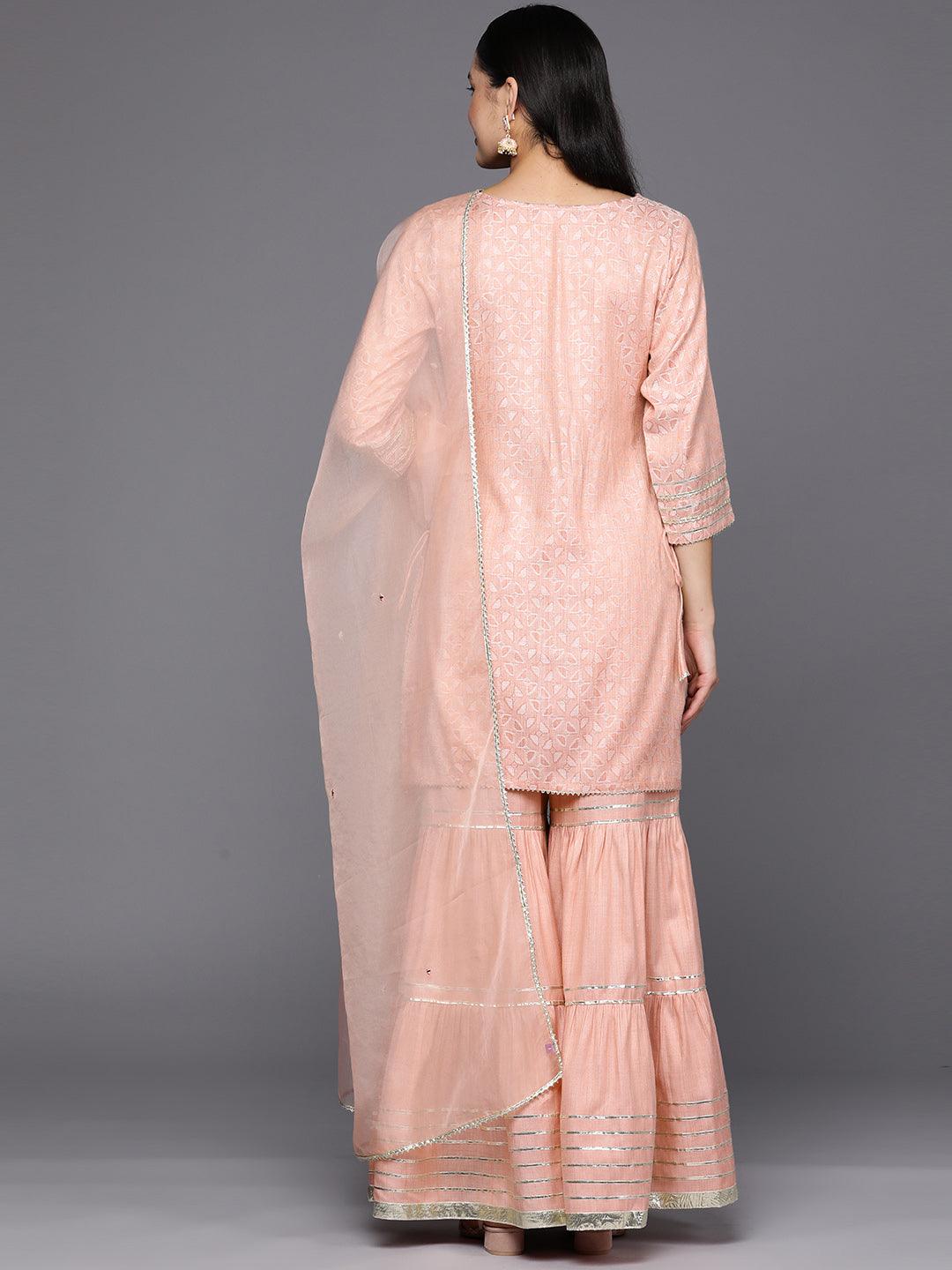 Pink Yoke Design Cotton Straight Sharara Suit Set With Dupatta