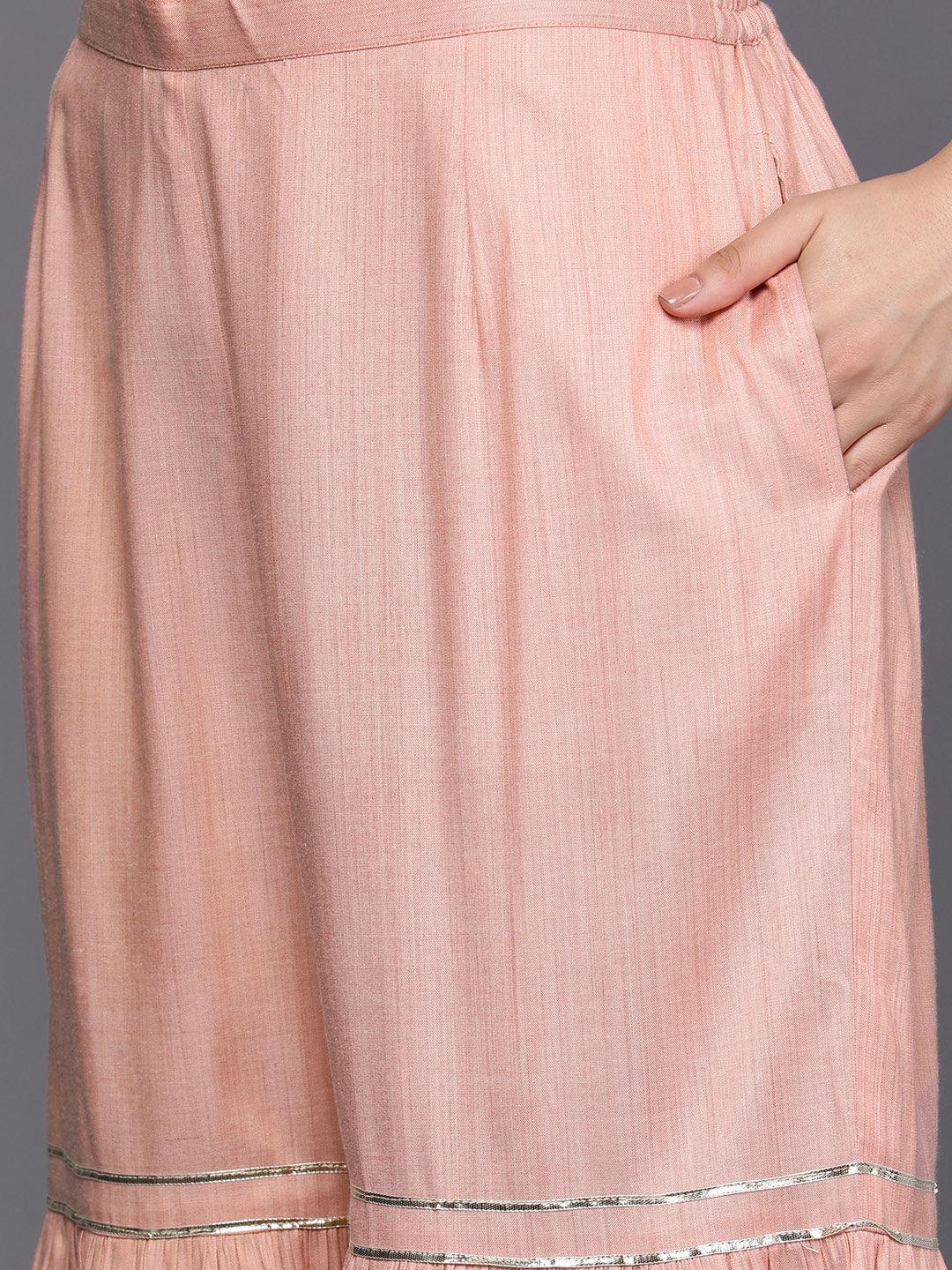 Pink Yoke Design Cotton Straight Sharara Suit Set With Dupatta