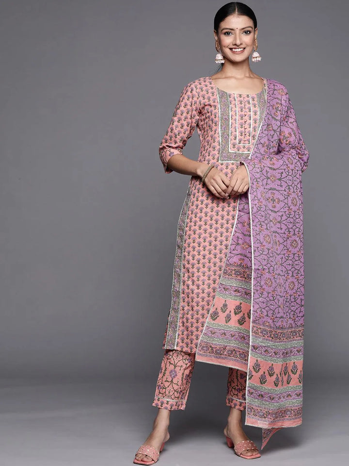 Pink Yoke Design Cotton Straight Suit Set - Libas