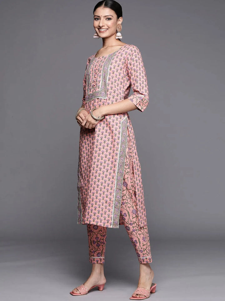 Pink Yoke Design Cotton Straight Suit Set - Libas