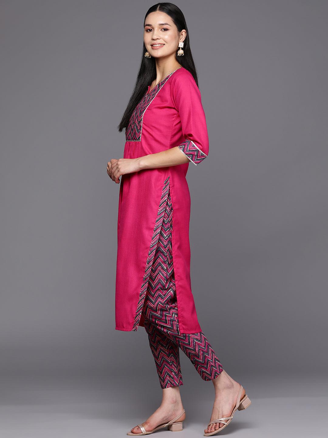 Pink Yoke Design Cotton Straight Suit Set With Trousers - Libas