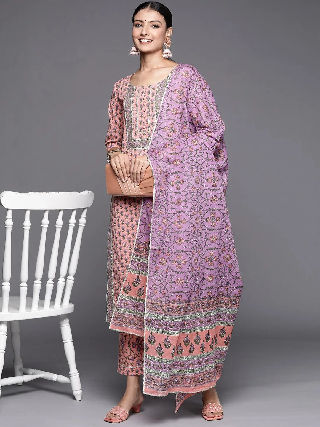 Pink Yoke Design Cotton Straight Suit Set - Libas