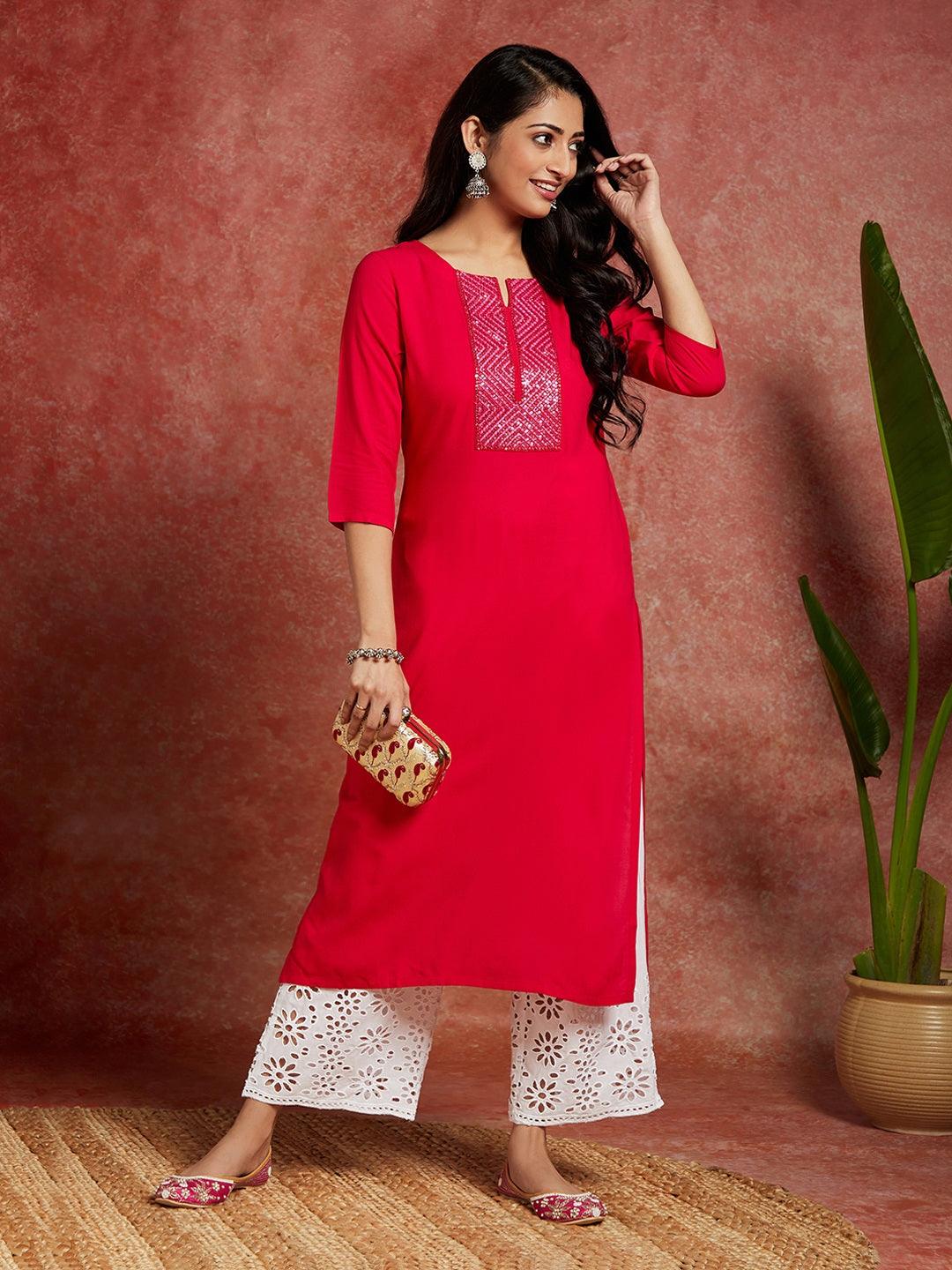 Pink Yoke Design Rayon Straight Kurta - Libas