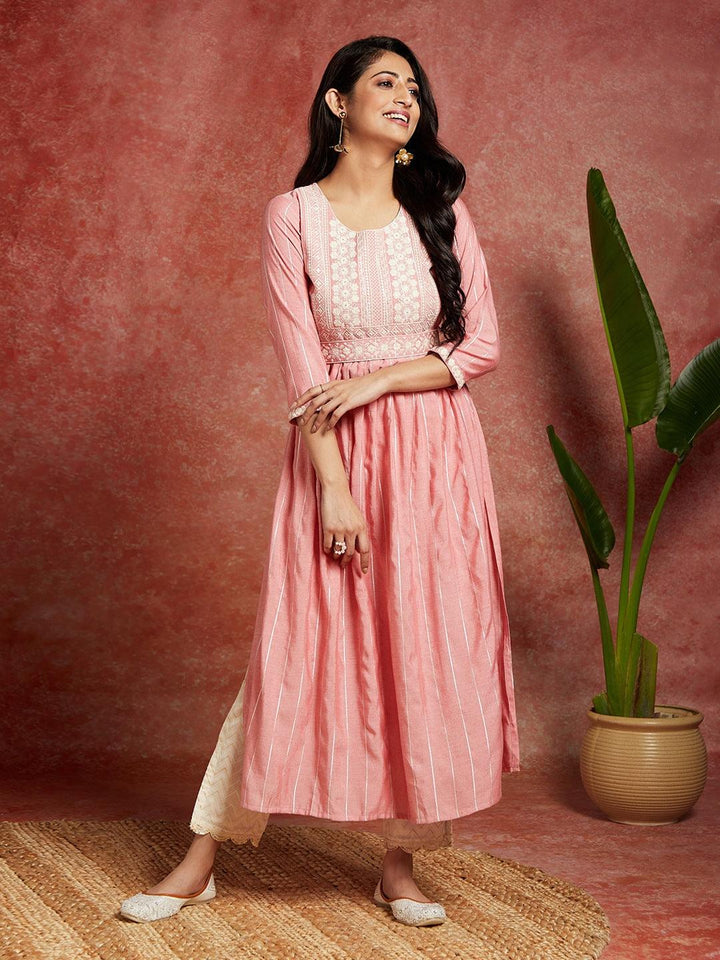 Pink Yoke Design Silk A-Line Kurta - Libas