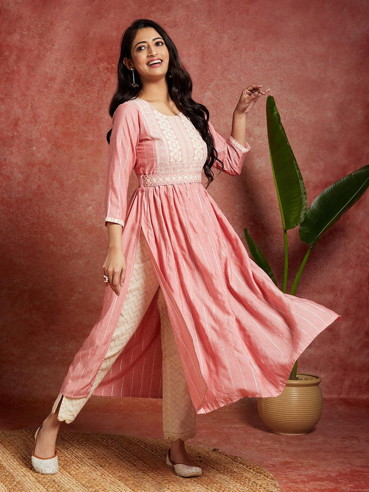 Pink Yoke Design Silk A-Line Kurta - Libas