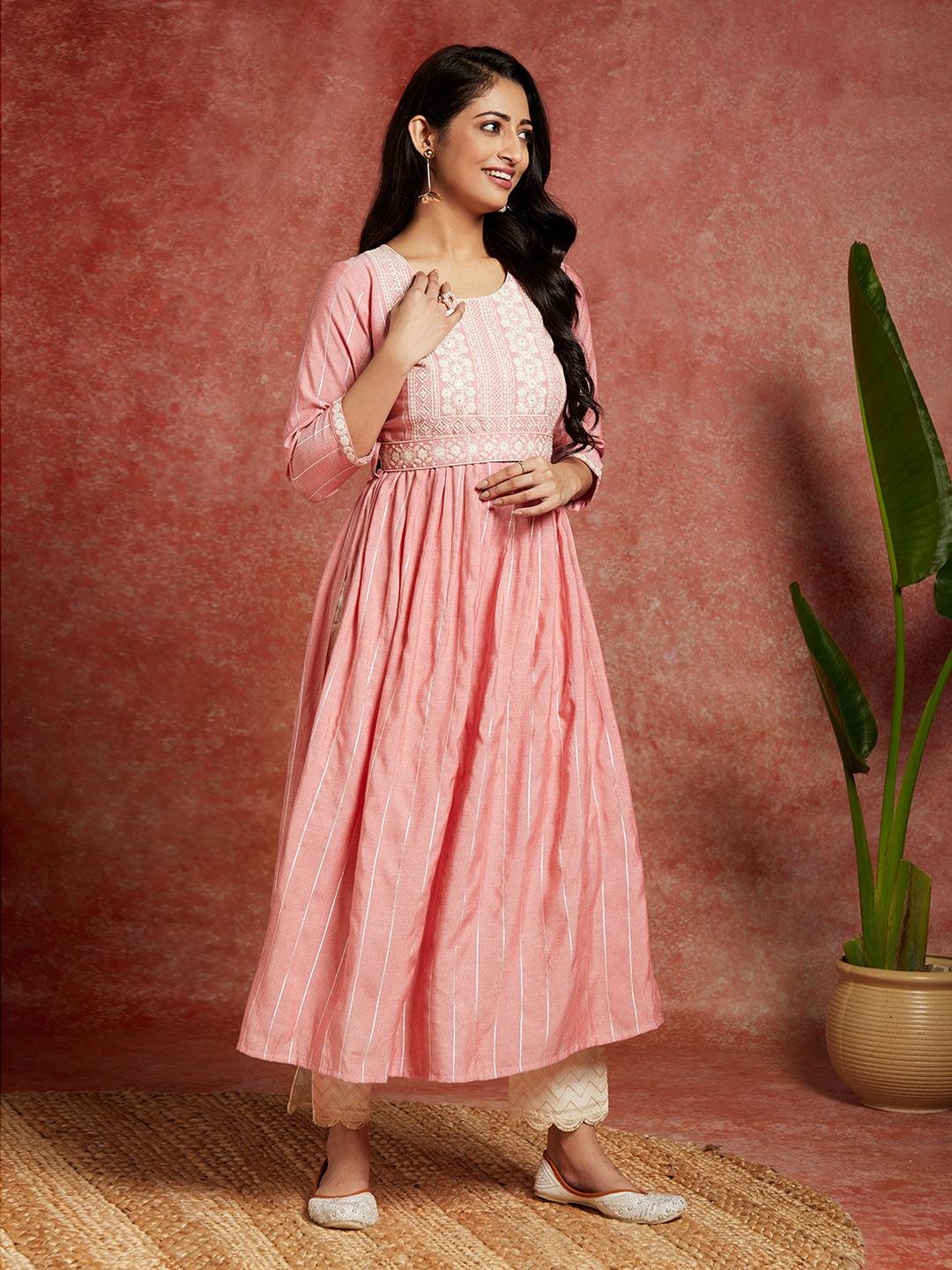 Pink Yoke Design Silk A-Line Kurta - Libas