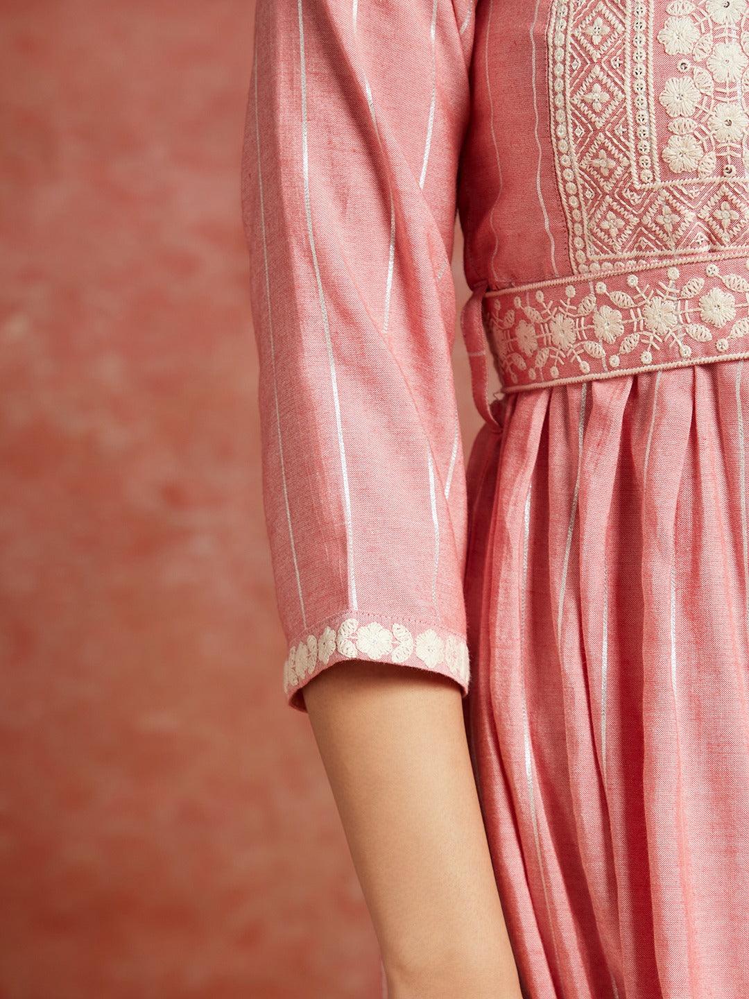 Pink Yoke Design Silk A-Line Kurta - Libas