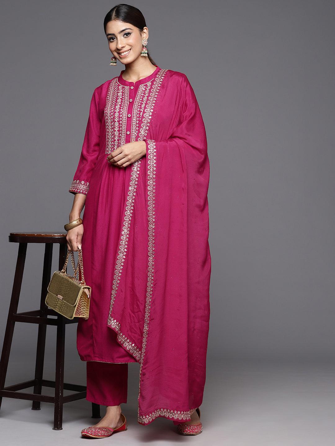 Pink Yoke Design Silk Blend A-Line Kurta With Palazzos & Dupatta - Libas