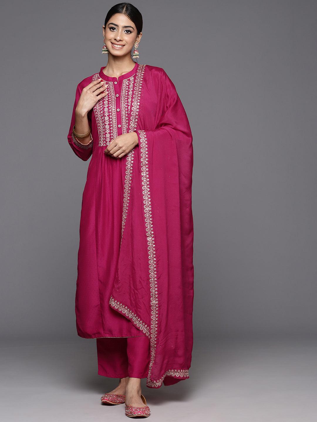 Pink Yoke Design Silk Blend A-Line Kurta With Palazzos & Dupatta - Libas