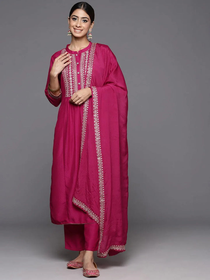 Pink Yoke Design Silk Blend A-Line Kurta With Palazzos & Dupatta - Libas