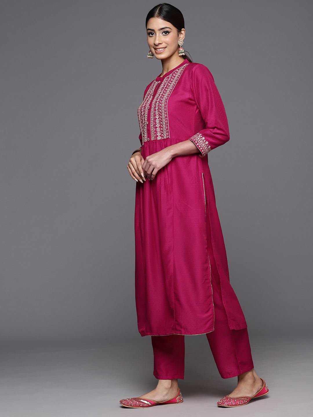 Pink Yoke Design Silk Blend A-Line Kurta With Palazzos & Dupatta - Libas