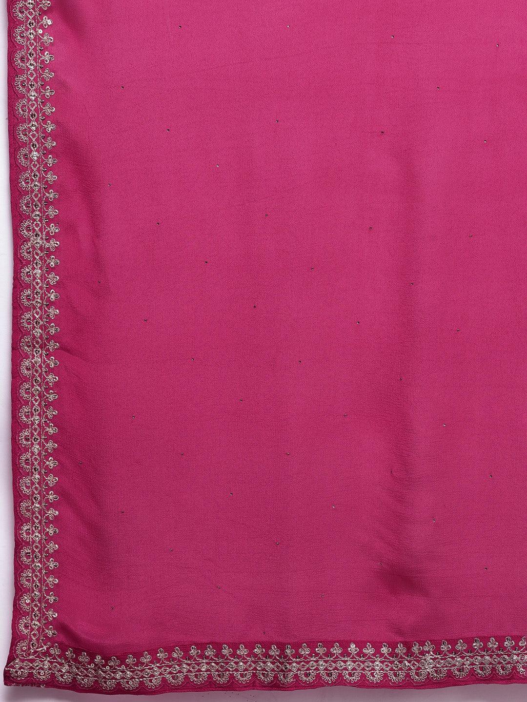 Pink Yoke Design Silk Blend A-Line Kurta With Palazzos & Dupatta - Libas